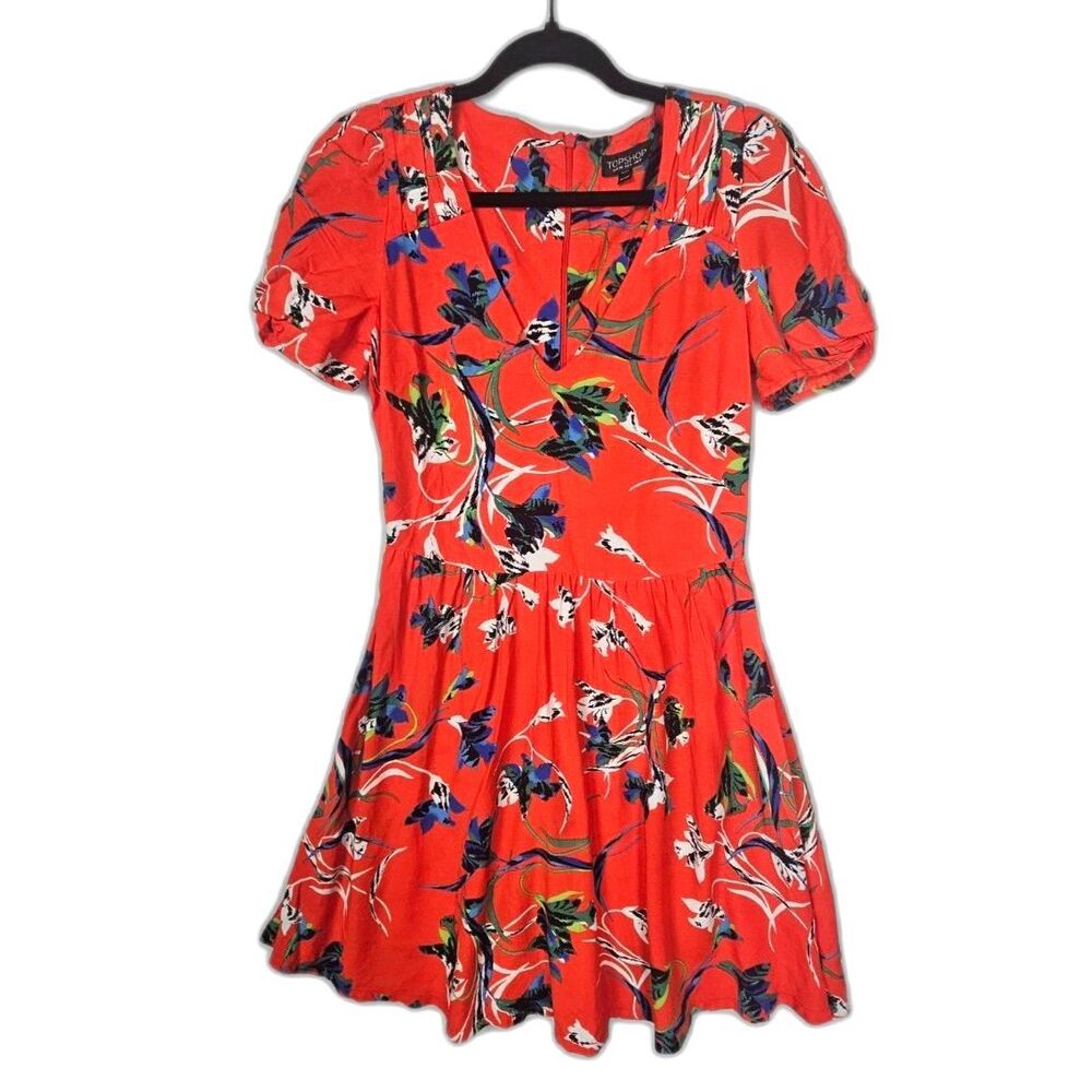 Topshop Orang Tropical Floral Mini Tea Dress V-Neck Viscose Cottagecore Vacation